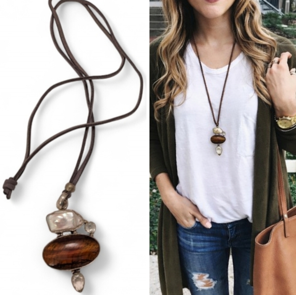 VINTAGE Pendent Necklace Tigers Eye Pearl Artisan 36" Leather Cord Sterling